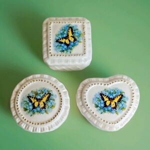 3 Fairy Cottagecore Butterfly Porcelain Ring Box Set Vintage Gold Kitsch Vanity